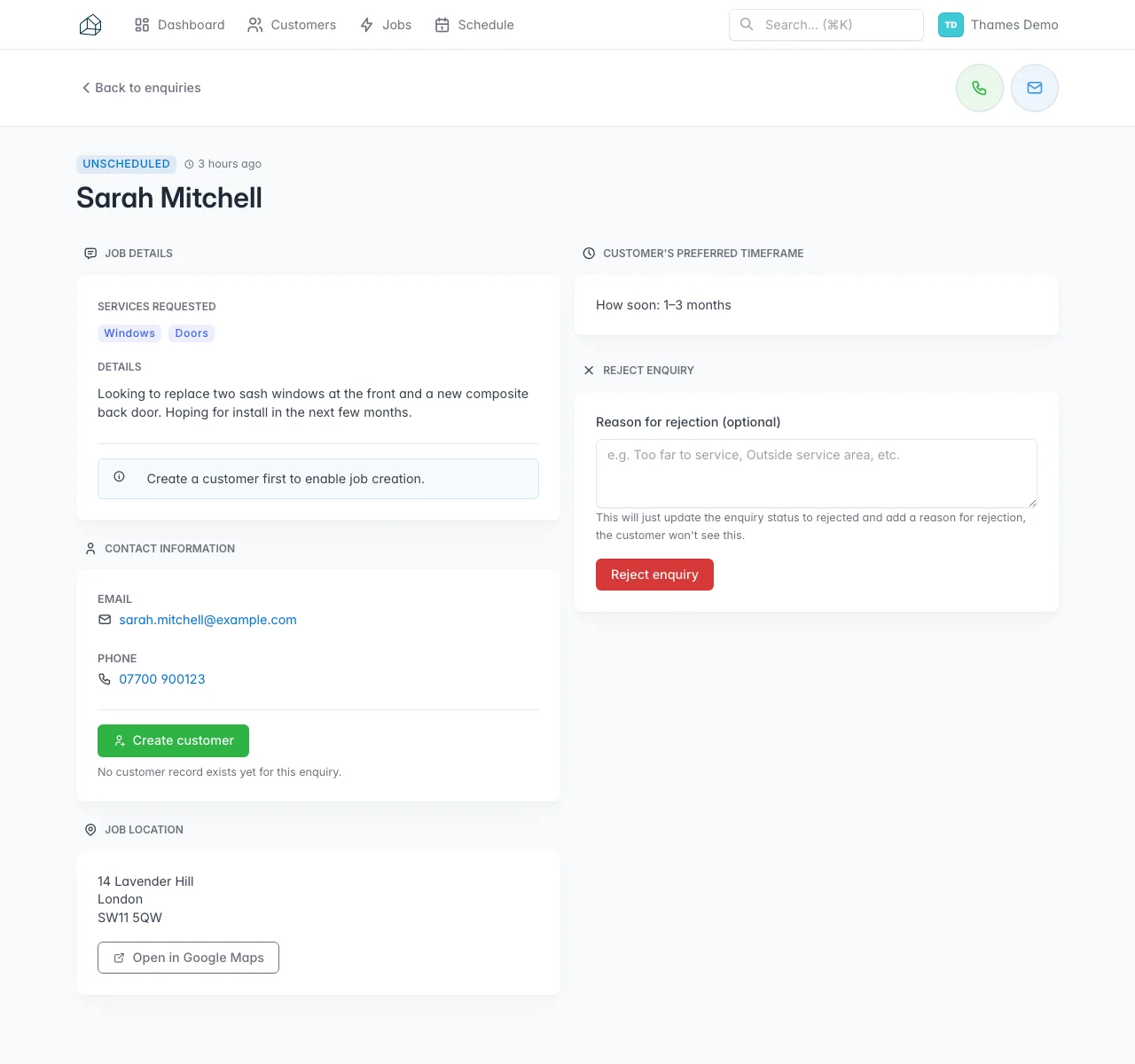 Enquiry detail for Sarah Mitchell with options to create a customer and job