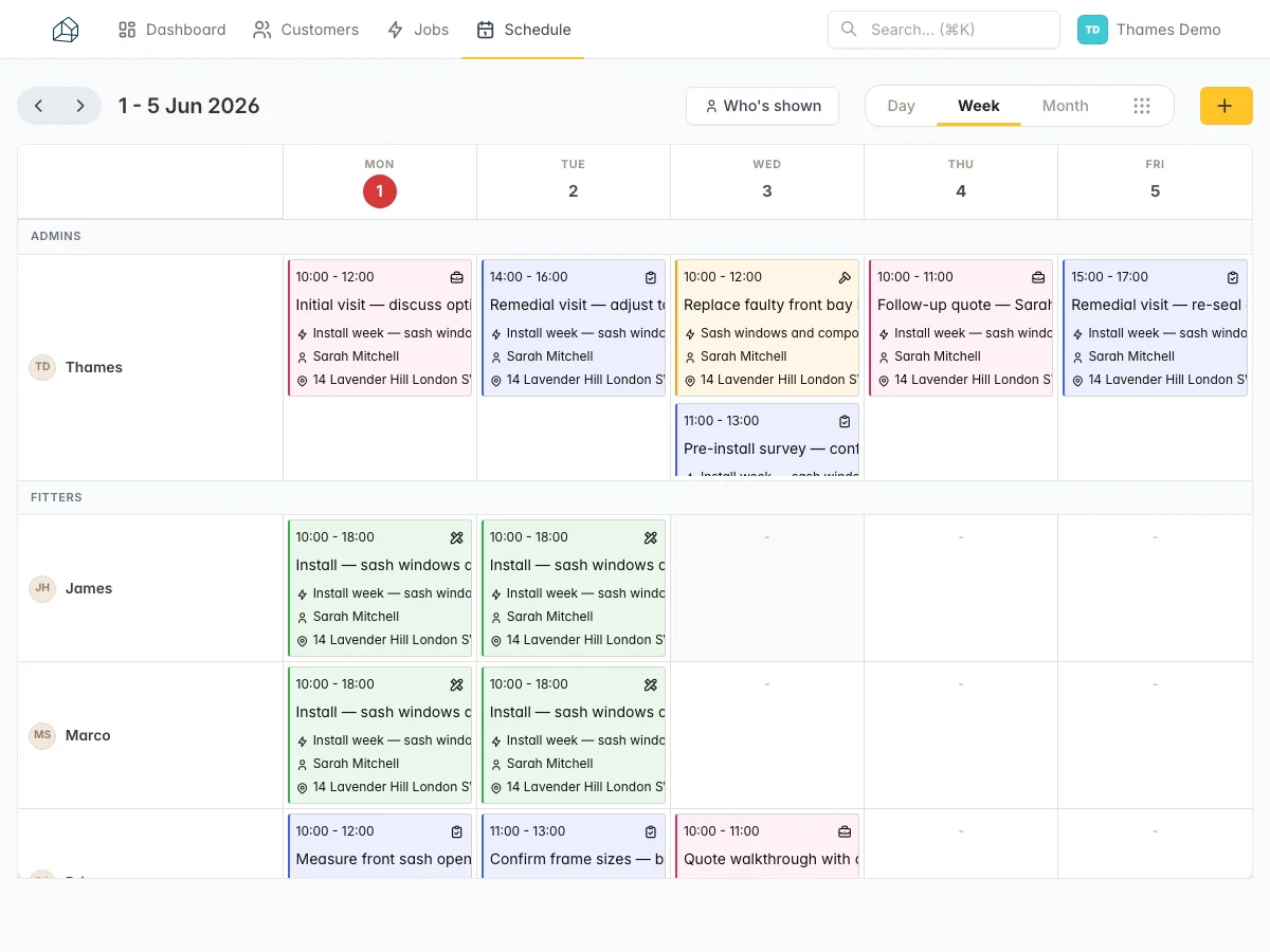 Team schedule showing install and survey bookings for a Lavender Hill job